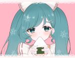  1girl aiueoai0319 blue_eyes blue_hair blush bow earrings eating flower_earrings food hair_bow hair_ornament hatsune_miku highres holding holding_food jewelry long_hair onigiri snowflakes solo twintails vocaloid yuki_miku yuki_miku_(2024) 