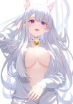  1girl absurdres animal_ears bell breasts breasts_apart cat_ears cat_tail choker daily_(daily178900) ear_piercing extra_ears fangs hand_up highres jingle_bell long_hair long_sleeves looking_at_viewer medium_breasts naked_shirt open_clothes open_mouth open_shirt original piercing purple_eyes shirt smile solo tail tail_raised unbuttoned upper_body very_long_hair white_choker white_hair white_shirt 