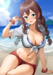  1girl beach bikini black_bikini braid breasts brown_hair cloud day dorachan_r green_eyes highres kantai_collection large_breasts long_hair long_sleeves looking_at_viewer noshiro_(kancolle) noshiro_kai_ni_(kancolle) ocean official_alternate_costume sand scrunchie solo swept_bangs swimsuit swimsuit_under_clothes thighhighs twin_braids water 