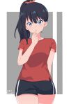  1girl absurdres arm_behind_back black_hair black_shorts blue_eyes breasts commentary gridman_universe highres long_hair looking_at_viewer open_mouth ponytail red_shirt shirt shorts solo ssss.gridman t-shirt takarada_rikka tamago_(uhdr2338) thighs 