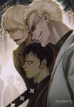  3boys black_hair black_shirt blonde_hair blue_eyes blurry blurry_background brown_jacket donquixote_doflamingo donquixote_rocinante earrings grin highres holding holding_sword holding_weapon jacket jewelry makeup male_focus multiple_boys one_piece portrait shirt short_hair smile striped_clothes striped_shirt suit sunglasses sword teeth trafalgar_law twitter_username weapon white_suit wosara yellow_eyes 