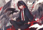  1boy animal belt bird black_hair cloak collared_shirt crow feathered_wings feathers hand_in_pocket highres hood hooded_cloak ichimishiyu jewelry looking_at_viewer male_focus necktie open_mouth original red_eyes ring shirt short_hair sitting smile solo suit tie_clip wings 