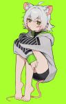  1girl ahoge animal_ear_fluff animal_ears arms_on_knees bare_legs bike_shorts black_shirt blush closed_mouth commentary crossed_arms crossed_bangs ear_piercing feet full_body green_background green_eyes grey_hair grey_hoodie hair_between_eyes highres hood hood_down hoodie hugging_own_legs jewelry knees_up long_sleeves looking_at_viewer mouse_ears mouse_girl mouse_tail original perl_(vertigris) piercing shirt short_hair sidelocks simple_background sitting sleeves_past_wrists solo symbol-only_commentary tail toes turtleneck vertigris 