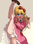  1girl :d blonde_hair blue_eyes blush bow bow_hairband braid breasts brooch castlevania:_rondo_of_blood castlevania_(series) commentary_request dress frills hair_bow hairband highres jewelry kneepits legs long_hair looking_at_viewer maria_renard paid_reward_available panties pink_dress playing_with_own_hair puffy_short_sleeves puffy_sleeves red_bow shade shoes short_sleeves side_braids small_breasts smile socks solo split standing standing_on_one_leg standing_split stupa13a underwear variant_set white_panties 