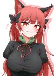  1girl alternate_hair_length alternate_hairstyle animal_ear_fluff animal_ears black_bow bow breasts cat_day cat_ears cat_girl closed_mouth commentary_request extra_ears fang hair_bow highres kaenbyou_rin large_breasts long_hair looking_at_viewer nekomata red_eyes scavia10 simple_background solo touhou upper_body white_background 
