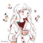  1girl artist_name black_shirt blunt_bangs blush buttons closed_mouth coffee_cup cup curly_hair disposable_cup flower highres holding holding_cup holding_spoon humi_natsu light_smile limited_palette long_hair long_sleeves original partially_colored shirt signature simple_background sketch solo spoon sweater undershirt upper_body white_background 