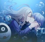  2boys ahoge air_bubble blonde_hair blue_background blue_jacket blue_necktie bubble closed_eyes collared_shirt commentary_request face-to-face facing_another hand_on_another&#039;s_cheek hand_on_another&#039;s_face highres jacket kiss long_hair long_sleeves makoto_kagutsuchi male_focus mask master_detective_archives:_rain_code multiple_boys necktie purple_hair purple_jacket qiao_xing shirt short_hair spoilers submerged underwater unworn_mask upper_body water white_shirt yaoi yuma_kokohead 