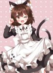  1girl ;d alternate_costume animal_ear_fluff animal_ear_piercing animal_ears apron arm_up black_dress blush brown_eyes brown_hair cat_ears cat_tail chen commentary_request dress earrings enmaided frills hair_between_eyes hand_up happy highres jewelry juliet_sleeves long_sleeves maid maid_headdress medium_hair multiple_tails nekomata one_eye_closed open_mouth paw_pose petticoat pink_background polka_dot polka_dot_background puffy_sleeves ruu_(tksymkw) single_earring smile solo tail touhou two_tails white_apron 
