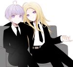 2boys ahoge alternate_costume black_jacket black_necktie black_pants black_suit blonde_hair closed_mouth collared_shirt couch crossed_legs feet_out_of_frame formal highres jacket long_hair long_sleeves looking_at_viewer makoto_kagutsuchi male_focus master_detective_archives:_rain_code multiple_boys necktie on_couch pants purple_eyes purple_hair qiao_xing shirt short_hair simple_background sitting smile spoilers suit white_background white_shirt yuma_kokohead 