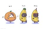  :3 animal_focus banana_costume bell black_cat bow cat chen chen_(cat) closed_eyes closed_mouth commentary_request full_body goutokuji_mike goutokuji_mike_(cat) green_headwear hat jingle_bell kaenbyou_rin kaenbyou_rin_(cat) meme mob_cap no_humans open_mouth orange_costume red_bow sad_banana_cat_(meme) simple_background smile touhou translation_request unime_seaflower white_background 