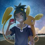  1boy alolan_raichu beach black_shirt collarbone green_eyes hau_(pokemon) looking_at_viewer male_focus night night_sky okran poke_ball poke_ball_(basic) pokemon pokemon_(creature) pokemon_sm rowlet shirt sky smile star_(sky) starry_sky teeth vaporeon 