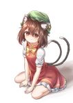  1girl absurdres animal_ear_fluff animal_ear_piercing animal_ears blush bow bowtie breasts brown_eyes brown_hair cat_ears cat_tail chen closed_mouth double-parted_bangs earrings full_body gold_trim green_headwear hair_between_eyes hat highres jewelry knees looking_at_viewer medium_hair mob_cap multiple_tails nekomata petite puffy_short_sleeves puffy_sleeves red_skirt red_vest shadow short_sleeves simple_background single_earring sitting skirt skirt_set small_breasts smile solo tail touhou tsubakipan two_tails vest wariza white_background yellow_bow yellow_bowtie 
