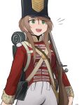  1girl absurdres ammunition_pouch artist_name backpack bag black_headwear blush bolt_action brown_hair coat collared_coat commentary cowboy_shot criss-cross_straps england english_commentary gamryous girls&#039;_frontline green_eyes gun hair_between_eyes hair_knot hair_over_shoulder hat highres holding holding_gun holding_weapon lee-enfield lee-enfield_(girls&#039;_frontline) long_hair military_uniform open_mouth pants pouch red_coat rifle shako_cap shoulder_pouch sidelocks signature simple_background sleeping_bag smile solo strap teeth uniform united_kingdom upper_teeth_only weapon white_background white_pants 