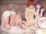  1boy 3girls :o :t after_sex all_fours arehoko arm_around_shoulder ass black_hair black_ribbon blunt_bangs blurry blurry_background blush breasts closed_mouth commentary completely_nude cum cum_in_pussy cum_on_ass cum_on_body cum_on_breasts demon_girl demon_horns drooling drop_earrings ear_blush earrings elf empty_eyes face_in_pillow faceless faceless_male facial fern_(sousou_no_frieren) frieren green_eyes group_sex hair_ribbon half-closed_eyes harem hetero highres horns hugging_object indoors jewelry large_breasts linie_(sousou_no_frieren) long_hair looking_at_another lying medium_hair multiple_girls nipples nude on_back on_bed open_mouth parted_bangs pillow pillow_hug pink_hair pointy_ears pout purple_eyes purple_hair red_hair ribbon rolling_eyes saliva short_eyebrows short_hair sidelocks small_breasts sousou_no_frieren spread_legs standing stark_(sousou_no_frieren) steaming_body straight_hair sweat thick_eyebrows top-down_bottom-up torogao trembling twintails white_hair 