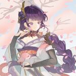 1girl animal_ears animal_on_shoulder bird bird_on_shoulder blue_sky blunt_bangs braid cherry_blossoms dango earrings emet--selch falling_petals food genshin_impact hair_ornament hand_up highres holding japanese_clothes jewelry long_hair looking_at_animal looking_to_the_side mole mole_under_eye petals purple_eyes purple_hair purple_nails raiden_shogun red_scarf scarf single_braid sky smile solo wagashi yae_miko yae_miko_(fox) 