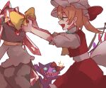  1girl blue_eyes closed_eyes crystal_wings diancie fang flandre_scarlet from_side hat hat_ribbon highres mob_cap pokemon pokemon_(creature) red_eyes red_ribbon ribbon rokka937 sableye simple_background skin_fang smile solo sparkle touhou user_pxaw4585 white_background 