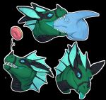 ambiguous_form ambiguous_gender black_background black_body black_horn black_scales blep blue_eyes blue_frill blue_inner_ear blue_tongue dessert doughnut dragon duo fangs food frill_(anatomy) glistening glistening_eyes green_body head_crest head_frill hi_res horn khyaber looking_at_viewer multiple_images mythological_creature mythological_scalie mythology pupils scales scalie simple_background slit_pupils solo teeth tongue tongue_out