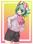  1girl ahoge alternate_costume ass azure_striker_gunvolt_2 black_shorts blue_eyes blush cougar_(cougar1404) gradient_background green_hair gunvolt_chronicles_luminous_avenger_ix hand_on_own_hip headgear hood hood_down hoodie looking_at_viewer looking_back panties_visible_through_clothes pink_background pink_headwear roro_(gunvolt) short_hair shorts simple_background solo yellow_background 