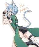  1girl animal_ears artist_name asagi501 ass black_shorts blue_eyes blue_hair cat_day cat_ears cat_tail dated dress green_dress hair_between_eyes highres looking_at_viewer looking_back open_mouth paw_pose shadow short_shorts shorts sinon sinon_(sao-alo) solo sword_art_online tail twitter_username white_background 