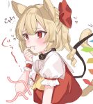  1girl :3 animal_ears ascot blonde_hair blush bow cat_ears collar crystal crystal_wings curly_hair ear_wiggle flandre_scarlet frilled_cuffs frilled_sleeves frills hair_between_eyes hair_bow hand_to_own_mouth highres long_hair multicolored_wings one_side_up paragasu_(parags112) puffy_short_sleeves puffy_sleeves red_bow red_eyes red_vest saliva shirt short_hair short_sleeves side_ponytail sidelocks simple_background solo touhou upper_body vest white_background white_shirt wings wrist_cuffs yellow_ascot 