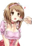  bad_id bad_pixiv_id blush breasts brown_eyes brown_hair cake choker cleavage collarbone feeding food fruit hairband hands hanging_breasts heart highres idolmaster idolmaster_cinderella_girls large_breasts mimura_kanako open_mouth paopao puffy_sleeves short_hair short_sleeves spoon strawberry taut_clothes white_background 