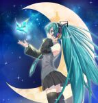  1girl aqua_eyes aqua_hair aqua_necktie bare_shoulders bird black_skirt black_sleeves black_thighhighs blue_bird blush crescent_moon detached_sleeves grey_shirt hair_ornament hand_on_own_cheek hand_on_own_face hatsune_miku headphones long_hair miniskirt moon necktie night night_sky pleated_skirt shirt signature skirt sky sleeveless smile solo standing star_(sky) starry_sky thighhighs twintails very_long_hair vocaloid zettai_ryouiki 