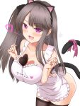  1girl animal_ears apron are_you_333 ass azur_lane bare_shoulders blush bow breast_hold breasts breasts_squeezed_together brown_hair cat_ears cat_girl cat_tail chocolate chocolate_on_body chocolate_on_breasts commentary_request cowboy_shot food_between_breasts food_on_body frilled_apron frills hair_over_one_eye heart highres large_breasts leaning_forward long_hair naked_apron no_bra no_panties pamiat_merkuria_(azur_lane) pamiat_merkuria_(mercurial_chocolate_love)_(azur_lane) pink_bow pink_eyes side_ponytail skindentation solo spoken_heart tail tail_bow tail_ornament thighhighs translation_request valentine very_long_hair w_arms white_apron 