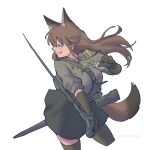  1girl animal_ear_fluff animal_ears arknights black_gloves black_skirt black_thighhighs brown_eyes brown_hair brown_tail collared_shirt commentary cowboy_shot elbow_gloves fox_ears fox_girl fox_tail franka_(arknights) gloves grey_shirt haruichi_(sazanami_complex) holding holding_sword holding_weapon lanyard long_hair looking_ahead open_mouth profile scabbard sheath shirt sideways_mouth simple_background skirt sleeves_pushed_up smile solo split strap sword symbol-only_commentary tail thighhighs twitter_username unsheathed weapon white_background 