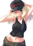  1girl armpits baseball_cap black_tank_top blonde_hair blue_eyes blush breasts buchikaki cleavage girls_und_panzer hat highres kay_(girls_und_panzer) large_breasts long_hair looking_at_viewer midriff navel one_eye_closed simple_background smile solo tank_top white_background 