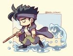  1boy black_hair cane cape chibi chibi_only closed_eyes from_side full_body gold_bracelet green_pants holding holding_cane jojo_no_kimyou_na_bouken kotorai male_focus n&#039;doul no_mouth pants purple_cape shirt sideburns solo thick_eyebrows twitter_username walking water white_shirt 