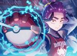  1boy commentary_request gloves highres holding holding_poke_ball jacket kieran_(pokemon) looking_to_the_side male_focus metoa night open_clothes open_jacket outdoors outstretched_arm parted_lips partially_fingerless_gloves poke_ball poke_ball_(basic) pokemon pokemon_sv ponytail purple_hair rain red_gloves red_shirt shirt sleeveless sleeveless_shirt solo tank_top teeth upper_body white_jacket yellow_eyes zipper 