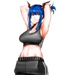  1girl absurdres adjusting_hair alternate_costume alternate_hairstyle arknights armpits arms_behind_head arms_up bare_shoulders black_pants black_sports_bra black_tank_top blue_hair breasts ch&#039;en_(arknights) cleavage dragon_girl dragon_horns groin highres horns large_breasts looking_to_the_side medium_bangs messy_hair midriff navel pants pocket ponytail presenting_armpit red_eyes smile solo sports_bra sportswear stomach striped_clothes striped_pants sweatdrop tank_top teeth user_ftrs5455 vertical-striped_clothes vertical-striped_pants white_background 