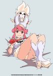  1girl :3 ale_(ale_halexxx) blue_background blue_footwear boots crossed_ankles english_text full_body hat hat_ornament highres jakuzure_nonon kill_la_kill looking_at_viewer panties pantyshot pink_eyes pink_hair shako_cap simple_background sitting skull_hat_ornament smug solo thighs underwear white_panties 