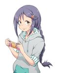  blush braid brown_eyes hair_ornament handheld_game_console hood hoodie idolmaster idolmaster_cinderella_girls long_hair miyoshi_sana playstation_portable purple_hair short_sleeves single_braid sleeves_rolled_up solo star tongue white_background yozo_(stanky) 