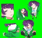  1girl absurdres boots breasts choker closed_eyes diagonal_bangs expression_chart green_background highres idolmaster idolmaster_shiny_colors jacket long_hair looking_at_viewer multiple_views off_shoulder ogasawara open_mouth purple_eyes purple_hair purple_nails school_uniform simple_background tanaka_mamimi tongue tongue_out twintails 