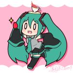  1girl 59mina :3 aqua_hair aqua_trim bare_shoulders black_skirt black_sleeves black_thighhighs chibi cup cup_on_head detached_sleeves food fruit grey_shirt hair_between_eyes hatsune_miku holding holding_food holding_fruit light_blush long_hair long_sleeves o_o open_mouth pink_background pleated_skirt running shadow shirt sidelocks signature skirt sleeveless sleeveless_shirt solo sparkle strawberry teacup thighhighs twintails very_long_hair vocaloid white_background white_eyes wide_sleeves 