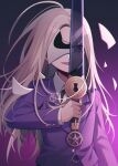  1boy ahoge blonde_hair broken_mask closed_mouth collared_shirt hand_up highres holding holding_sword holding_weapon jacket keyhole long_hair long_sleeves makoto_kagutsuchi male_focus mask master_detective_archives:_rain_code open_mouth purple_background purple_eyes purple_hair purple_jacket qiao_xing reflection reflective_weapon shirt smile solo spoilers sword upper_body weapon white_shirt yuma_kokohead 