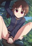  1girl achiga_school_uniform arm_between_legs blush bottomless breasts brown_hair climbing_tree eyelashes heebee in_tree jacket leaf long_hair long_sleeves looking_at_viewer naked_jacket no_panties no_pants parted_bangs ponytail red_eyes saki saki_achiga-hen school_uniform shoes small_breasts smile sneakers solo takakamo_shizuno track_jacket tree v-shaped_eyebrows wavy_mouth 