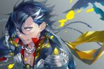  1boy armor black_hair blood blood_on_face chain_necklace collarbone fate/grand_order fate_(series) grey_background grey_eyes hair_between_eyes jewelry kotobuki_toro male_focus mandricardo_(fate) multicolored_hair necklace parted_lips pectoral_cleavage pectorals portrait short_hair solo splatter streaked_hair 