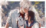  1boy 1girl :&lt; blue_sailor_collar brown_eyes brown_hair closed_eyes closed_mouth collared_shirt commentary_request crying crying_with_eyes_open day dress_shirt fox_mask gin_(hotarubi_no_mori_e) grey_hair hetero holding holding_mask hotarubi_no_mori_e kawacy kiss kissing_forehead mask open_clothes open_shirt parted_bangs parted_lips red_shirt sailor_collar school_uniform serafuku shirt stairs stone_stairs takegawa_hotaru tears translation_request triangle_mouth unworn_mask white_shirt 