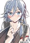  1girl artist_name black_choker black_shirt blue_eyes blue_hair chinese_clothes choker closed_mouth clothing_cutout dated fei_luo_mao fu_hua fu_hua_(night_squire) fu_hua_(rustic_noir) grey_hair hair_between_eyes honkai_(series) honkai_impact_3rd light_blush long_hair looking_back low-cut_armhole official_alternate_costume red_rope rope shirt shirt_grab side_cutout simple_background sleeveless sleeveless_shirt solo white_background 