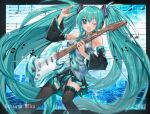  1girl aqua_eyes aqua_hair aqua_necktie bare_shoulders black_skirt black_sleeves breasts detached_sleeves grey_shirt guitar hair_ornament hatsune_miku headphones holding holding_guitar holding_instrument instrument long_hair medium_breasts miniskirt music musical_note necktie one_eye_closed open_mouth playing_instrument pleated_skirt roozaku shirt signature skirt sleeveless solo sparkle sparkling_eyes thighhighs twintails very_long_hair vocaloid zettai_ryouiki 