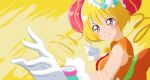  1girl blonde_hair bun_cover closed_mouth cure_yum-yum delicious_party_precure fighting_stance fuchi_(nightmare) gloves hanamichi_ran highres long_hair magical_girl orange_shirt precure red_eyes shirt sleeveless sleeveless_shirt smile solo upper_body white_gloves 