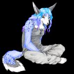 abby_(sabarika) ankh ankh_necklace anthro biped black_background black_body black_clothing black_fur black_nose black_shirt black_tank_top black_topwear blue_body blue_eyes blue_fur blue_hair bottomwear breasts canid canine chest_tuft clothing colored_pencil_(artwork) countershade_face countershade_tail countershade_torso countershading ear_piercing ear_ring female fluffy fluffy_tail fur grey_bottomwear grey_clothing grey_pants hair heterochromia jewelry mammal multicolored_body multicolored_fur multicolored_hair necklace pants paws piercing purple_hair ring_piercing sabarika shirt simple_background sitting solo spots tail tank_top topwear traditional_media_(artwork) tuft white_body white_countershading white_fur yellow_eyes
