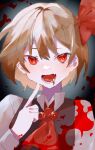  1girl absurdres ascot blonde_hair blood blood_on_face blood_splatter fangs hair_ribbon highres open_mouth pointing pointing_at_self red_ascot red_ribbon ribbon rokka937 rumia shirt solo touhou upper_body user_pxaw4585 vest white_shirt 