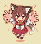  1girl :d animal_ear_fluff animal_ear_piercing animal_ears bow bowtie brown_eyes brown_hair cat_ears cat_tail chen commentary_request dress earrings eyebrows_hidden_by_hair fang foreshortening from_above full_body gold_trim grey_background hair_between_eyes happy jewelry looking_at_viewer multiple_tails nekomata no_headwear open_mouth outline perspective red_dress short_hair simple_background single_earring smile solo tail touhou two_tails white_bow white_bowtie yoshiyuki_(14330975) 