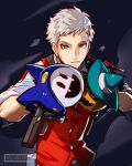  1boy bandaid bandaid_on_face bandaid_on_forehead black_ribbon buttons collared_shirt commentary english_commentary evoker fighting_stance gloves grey_hair gzei hands_up highres jack_frost looking_at_viewer male_focus neck_ribbon parted_lips persona persona_3 persona_3_reload pyro_jack red_sweater_vest ribbon sanada_akihiko shirt short_hair sleeves_rolled_up solo sweater_vest twitter_username upper_body very_short_hair white_shirt 