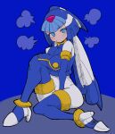  1girl absurdres android blue_background blue_eyes bodysuit bodysuit_under_clothes breasts buzzlyears crop_top fairy_leviathan_(mega_man) full_body helmet highres looking_at_viewer mega_man_(series) mega_man_zero_(series) simple_background solo white_bodysuit 