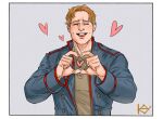  1boy blonde_hair blue_jacket closed_eyes dimple freckles grey_background heart heart_hands jacket kaysd999 male_focus mir_(comics) mir_(mir) parted_bangs short_hair simple_background smile solo upper_body 
