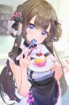  1girl apron blush bow brown_hair cherry cupcake dress eating food fruit hair_bow hair_rings highres holding holding_plate holding_spoon long_hair looking_at_viewer low_twintails original plate pokunoe purple_eyes short_sleeves solo spoon twintails very_long_hair waist_apron 